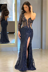 Navy Mermaid Prom Dress Long Sleeve One Shoulder Sequined Evening Dress