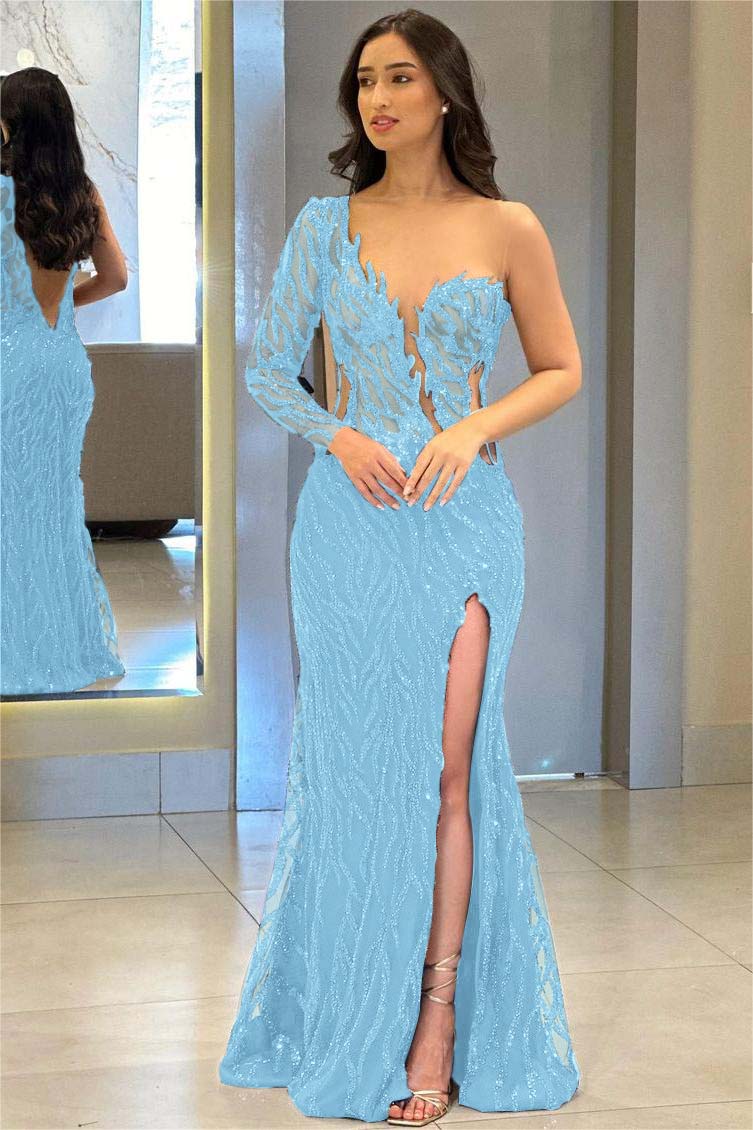 Navy Mermaid Prom Dress Long Sleeve One Shoulder Sequined Evening Dress