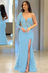 Navy Mermaid Prom Dress Long Sleeve One Shoulder Sequined Evening Dress