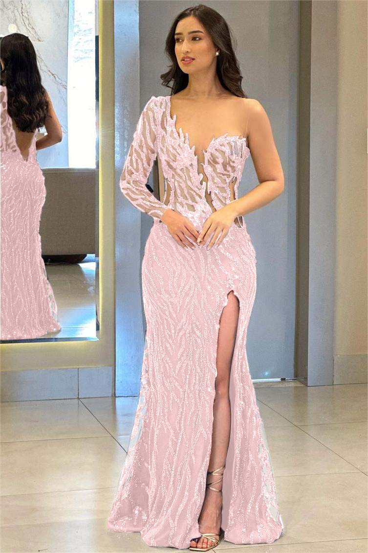 Navy Mermaid Prom Dress Long Sleeve One Shoulder Sequined Evening Dress