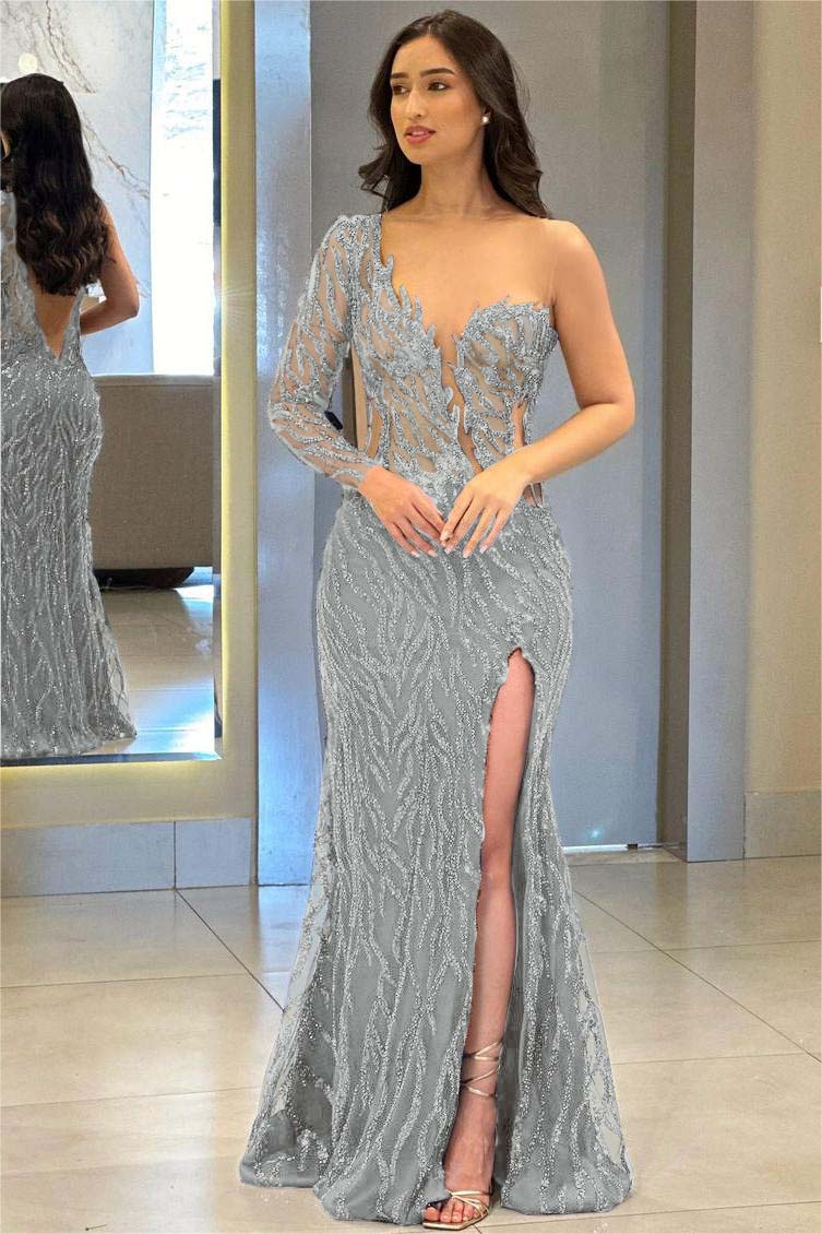 Navy Mermaid Prom Dress Long Sleeve One Shoulder Sequined Evening Dress