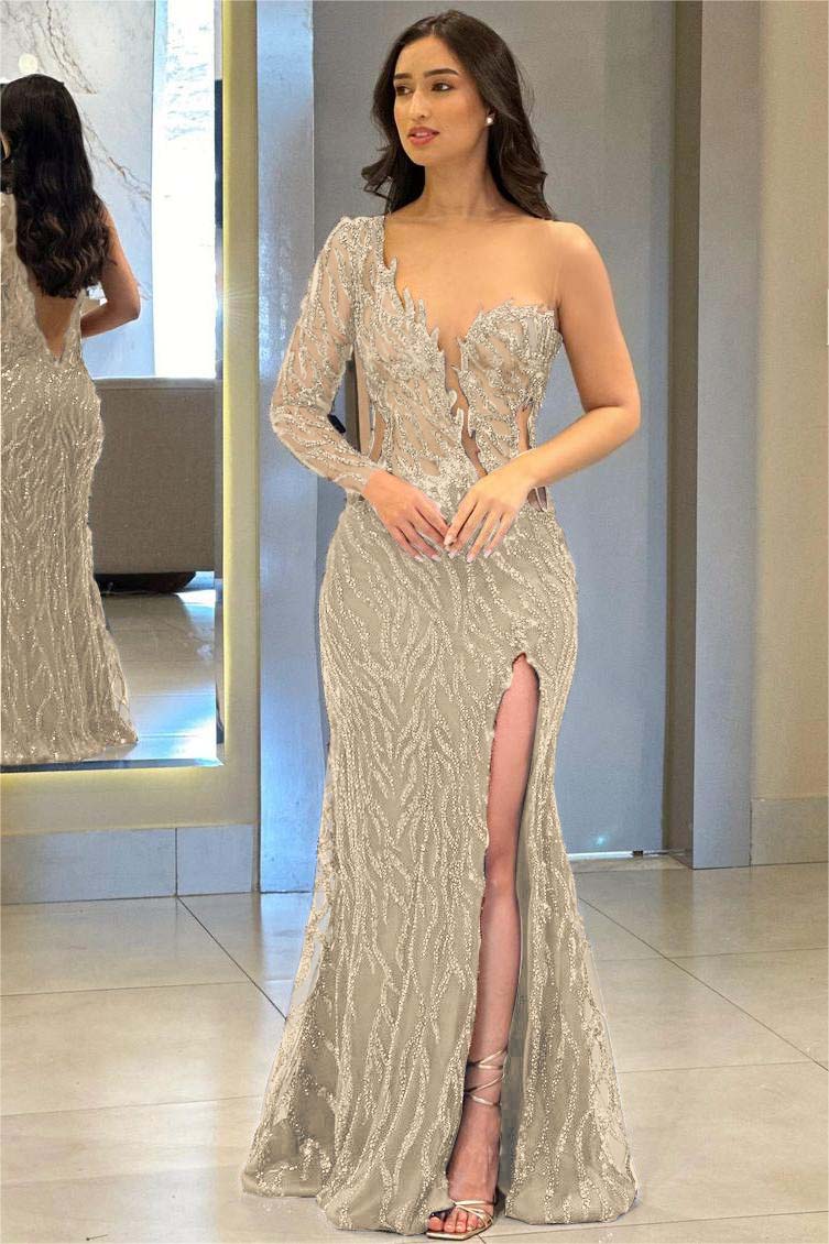 Navy Mermaid Prom Dress Long Sleeve One Shoulder Sequined Evening Dress