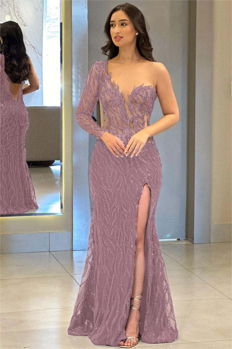 Navy Mermaid Prom Dress Long Sleeve One Shoulder Sequined Evening Dress