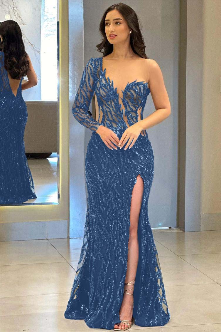 Navy Mermaid Prom Dress Long Sleeve One Shoulder Sequined Evening Dress