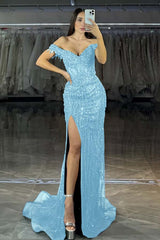Navy Mermaid Prom Dress Off the Shoulder Beaded Evening Dress
