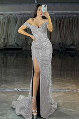 Navy Mermaid Prom Dress Off the Shoulder Beaded Evening Dress