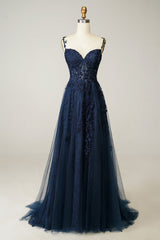 Navy Off the Shoulder Prom Dress with Appliques