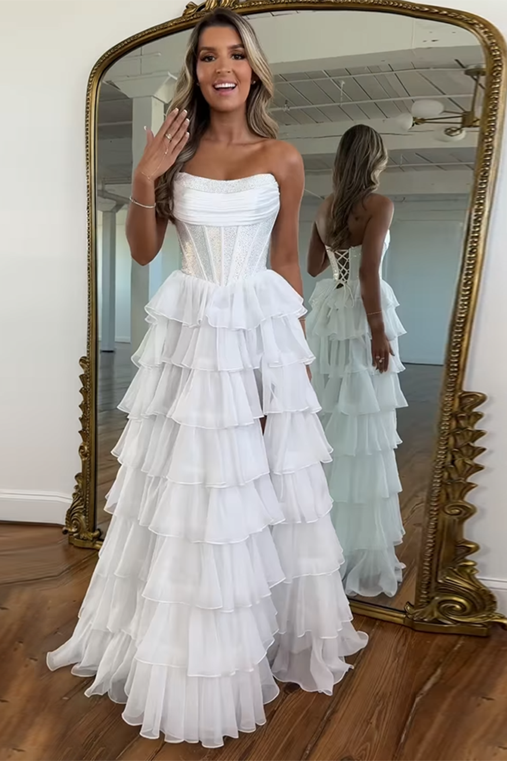 Navy Prom Dress A Line Strapless Corset Long Chiffon Formal Dress