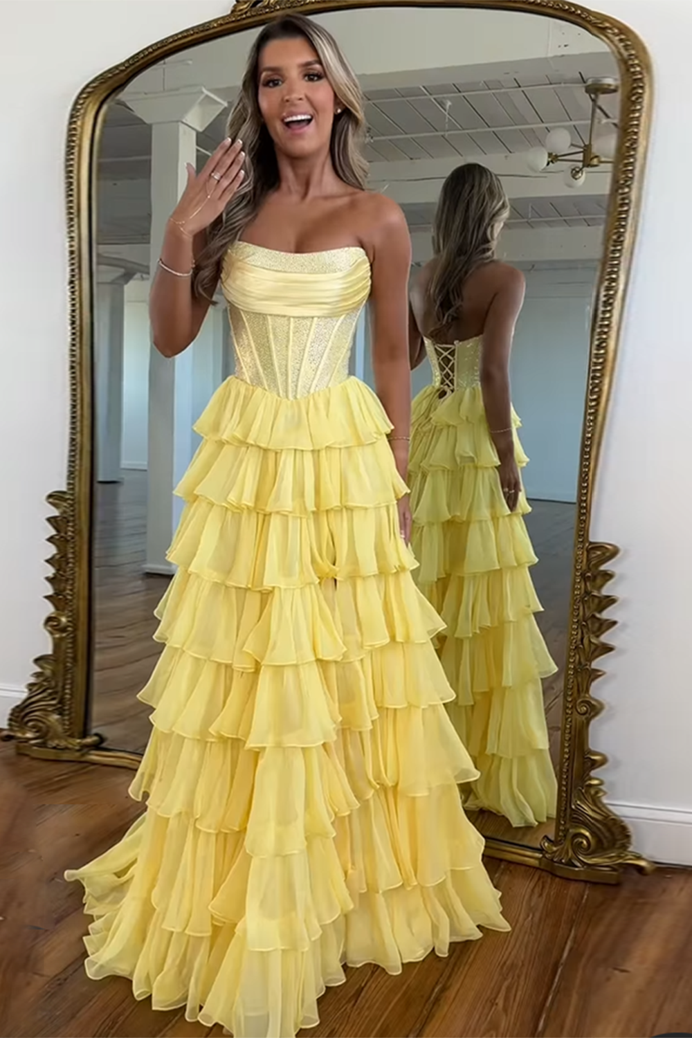 Navy Prom Dress A Line Strapless Corset Long Chiffon Formal Dress