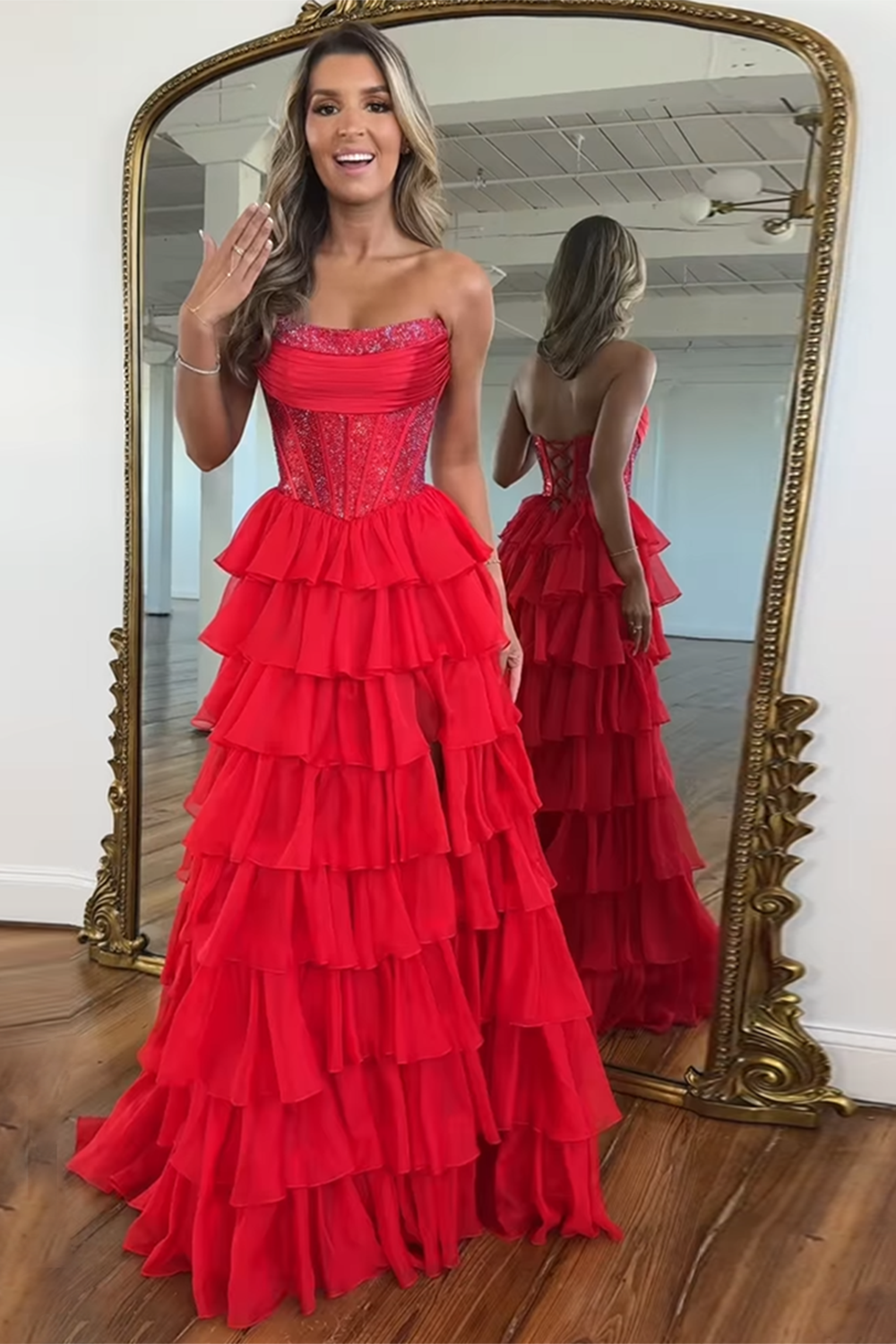 Navy Prom Dress A Line Strapless Corset Long Chiffon Formal Dress