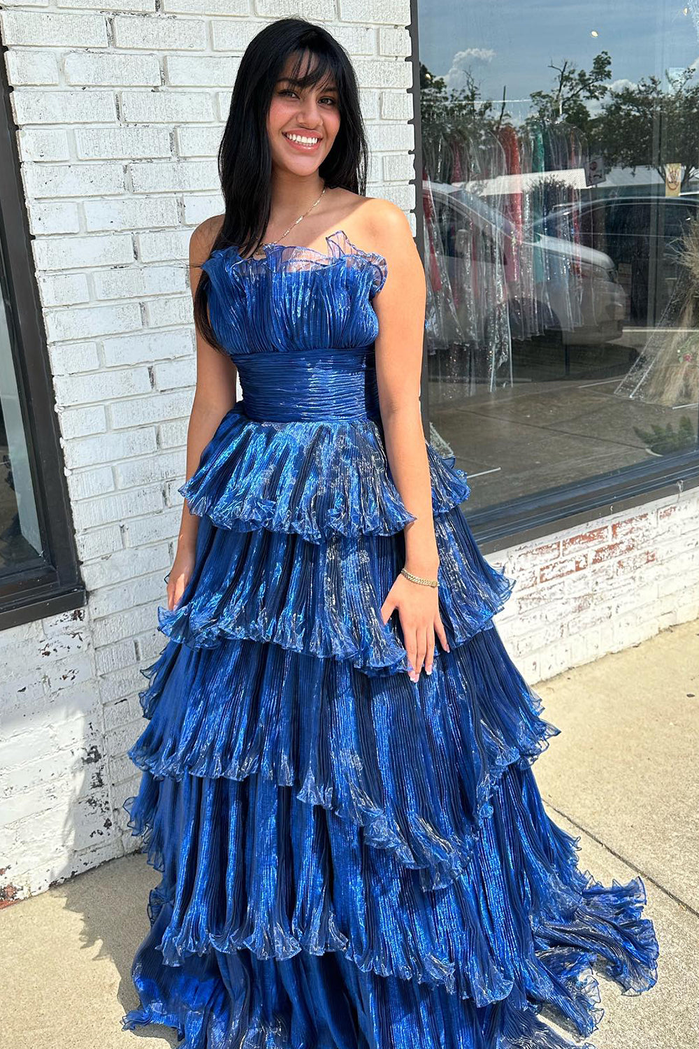 Navy Prom Dress A Line Tiered Strapless Organza Long Evening Dress