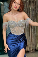 Navy Prom Dress Beaded Mermaid Off The Shoulder Long Evening Dress With Tassels