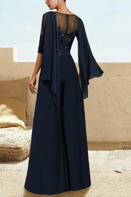 Navy Prom Dress Blue Prom Dress Jumpsuit Pantsuits Half Sleeves Chiffon Formal Dress With Appliques