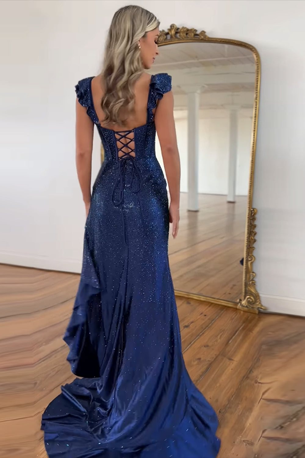 Navy Prom Dress Mermaid Corset Asymmetrical Formal Dress With Ruffles