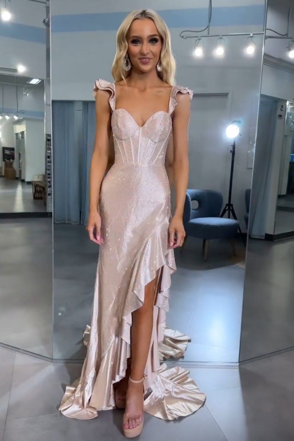 Navy Prom Dress Mermaid Corset Asymmetrical Formal Dress With Ruffles