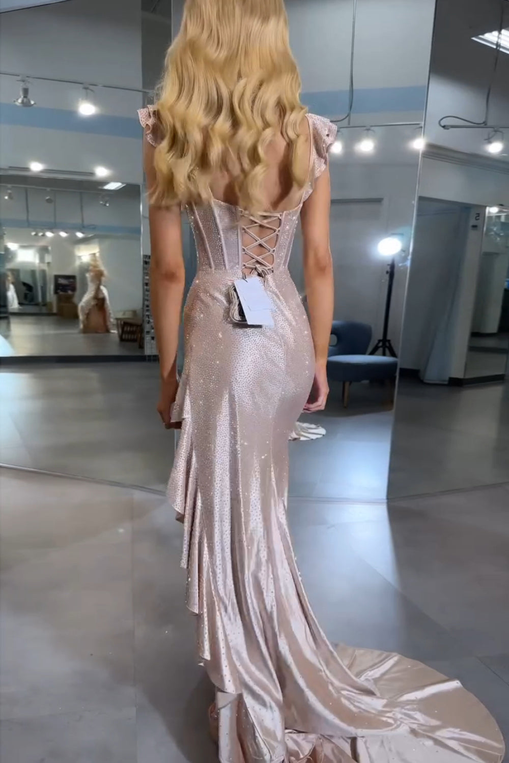 Navy Prom Dress Mermaid Corset Asymmetrical Formal Dress With Ruffles