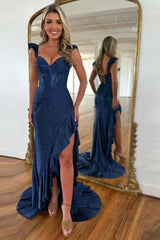 Navy Prom Dress Mermaid Corset Asymmetrical Formal Dress With Ruffles