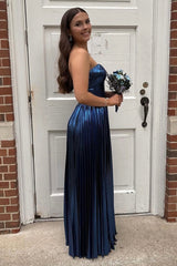 Navy Prom Dress Mermaid Sweetheart Metallic Pleated Long Evening Dress With Slit