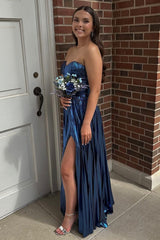 Navy Prom Dress Mermaid Sweetheart Metallic Pleated Long Evening Dress With Slit