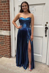 Navy Prom Dress Mermaid Sweetheart Metallic Pleated Long Evening Dress With Slit