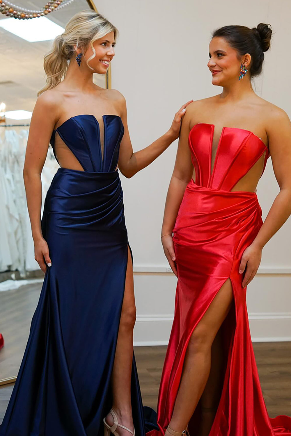 Navy Prom Dress Satin Mermaid Strapless Long Formal Dress With Slit