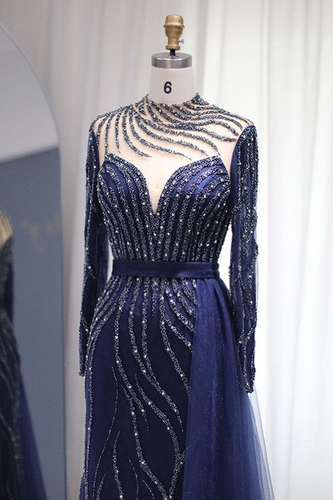 Navy Sheath/Column Prom Dress Long Sleeve High Neck Beaded Evening Dress
