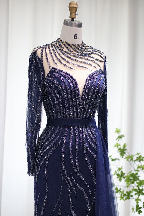 Navy Sheath/Column Prom Dress Long Sleeve High Neck Beaded Evening Dress