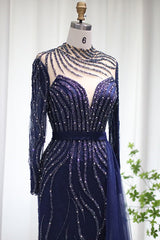 Navy Sheath/Column Prom Dress Long Sleeve High Neck Beaded Evening Dress