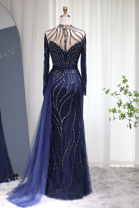 Navy Sheath/Column Prom Dress Long Sleeve High Neck Beaded Evening Dress