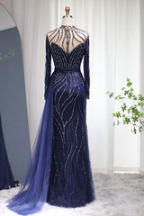 Navy Sheath/Column Prom Dress Long Sleeve High Neck Beaded Evening Dress
