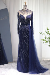 Navy Sheath/Column Prom Dress Long Sleeve High Neck Beaded Evening Dress