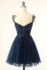 Navy Spaghetti Strap Graduation Dress with Appliques