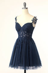 Navy Spaghetti Strap Graduation Dress with Appliques