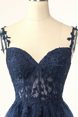 Navy Spaghetti Strap Graduation Dress with Appliques