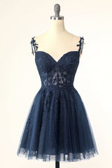 Navy Spaghetti Strap Graduation Dress with Appliques