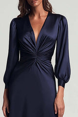 Navy V-Neck Satin Backless Ruched Midi Prom Dress With Sleeves