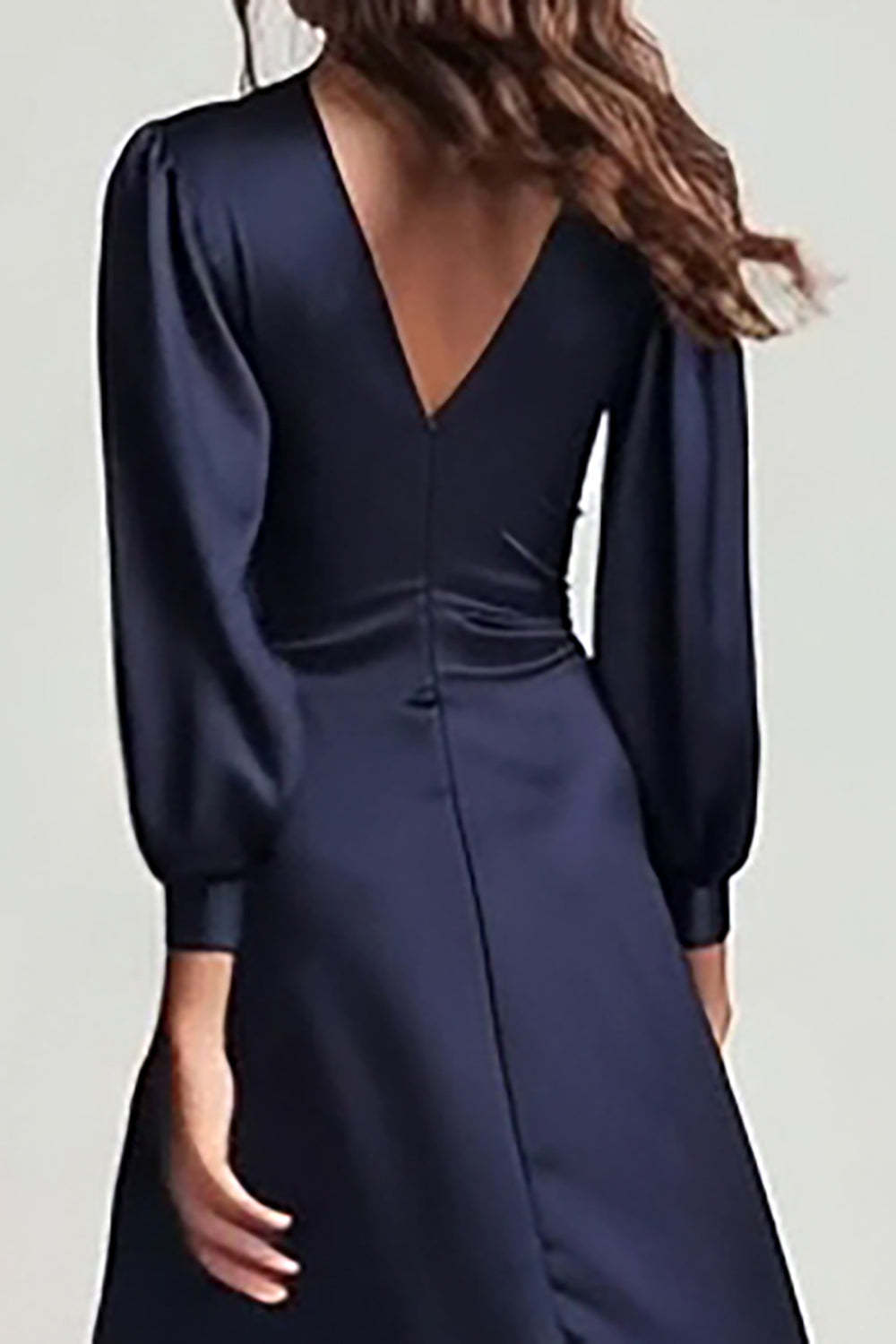 Navy V-Neck Satin Backless Ruched Midi Prom Dress With Sleeves