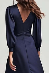 Navy V-Neck Satin Backless Ruched Midi Prom Dress With Sleeves