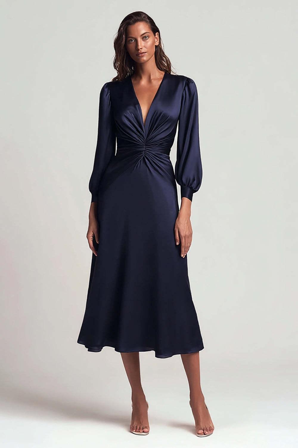 Navy V-Neck Satin Backless Ruched Midi Prom Dress With Sleeves