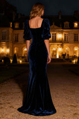 Navy Velvet Square Neck Mermaid Long Holiday Party Dress With Sleeves