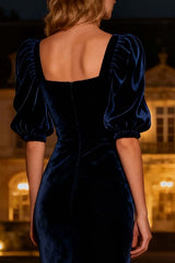 Navy Velvet Square Neck Mermaid Long Holiday Party Dress With Sleeves