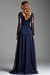Navy Wedding Guest Dress Chiffon V-Neck Long Formal Dress With Long Sleeves