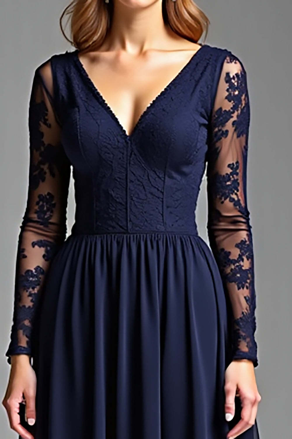 Navy Wedding Guest Dress Chiffon V-Neck Long Formal Dress With Long Sleeves
