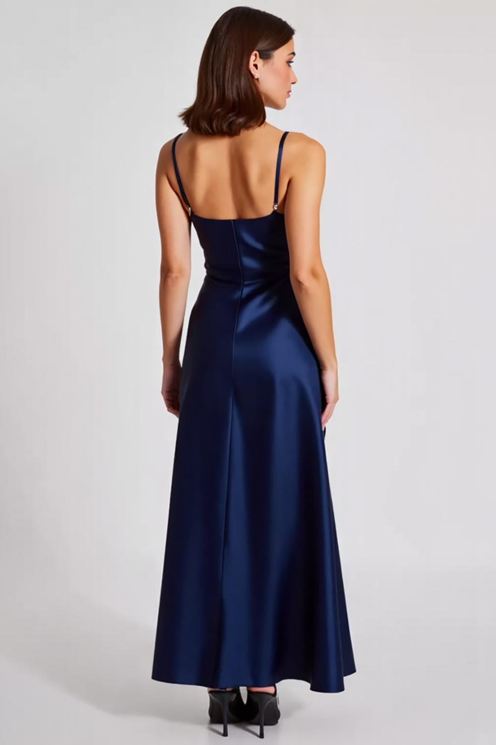 Navy Wedding Guest Dress Satin A Line Spaghetti Straps Long Evening Dress