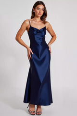 Navy Wedding Guest Dress Satin A Line Spaghetti Straps Long Evening Dress
