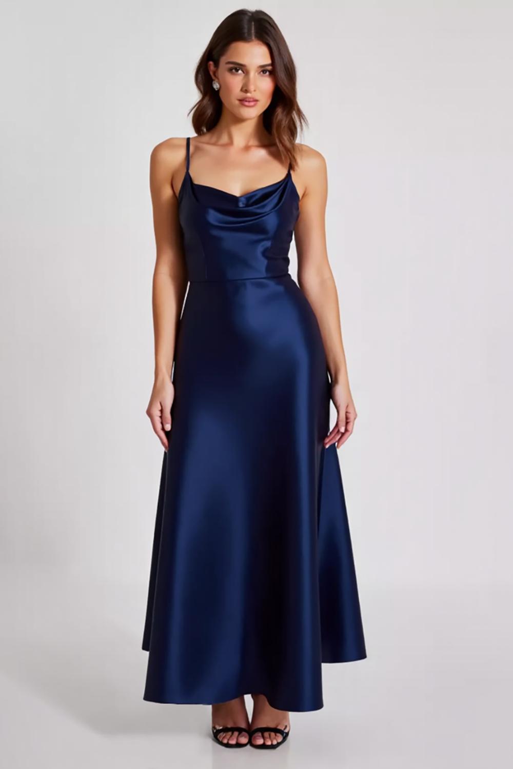 Navy Wedding Guest Dress Satin A Line Spaghetti Straps Long Evening Dress