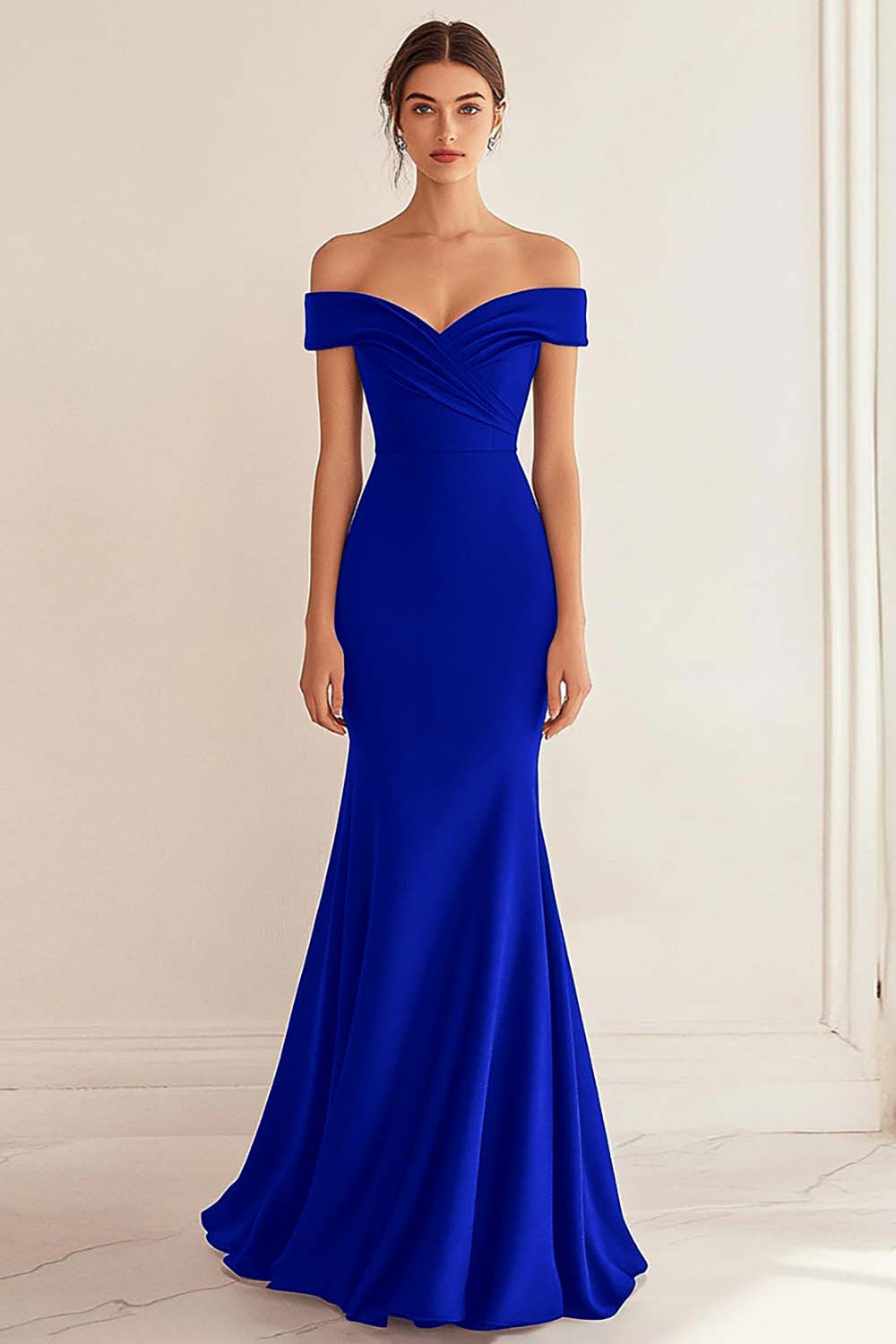 Navy Wedding Guest Dress Satin Long Off The Shoulder Mermaid Ruched Evening Dress