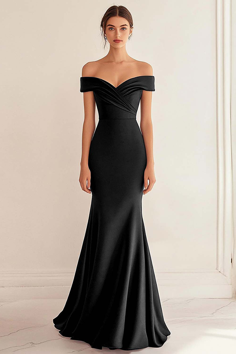 Navy Wedding Guest Dress Satin Long Off The Shoulder Mermaid Ruched Evening Dress