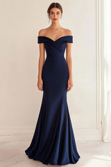 Navy Wedding Guest Dress Satin Long Off The Shoulder Mermaid Ruched Evening Dress