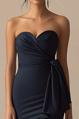 Navy Wedding Guest Dress Satin Long Sweetheart Mermaid Ruched Evening Dress With Slit